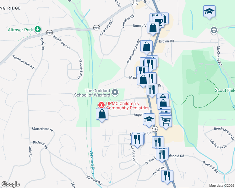 map of restaurants, bars, coffee shops, grocery stores, and more near 130 Maple Drive in Wexford