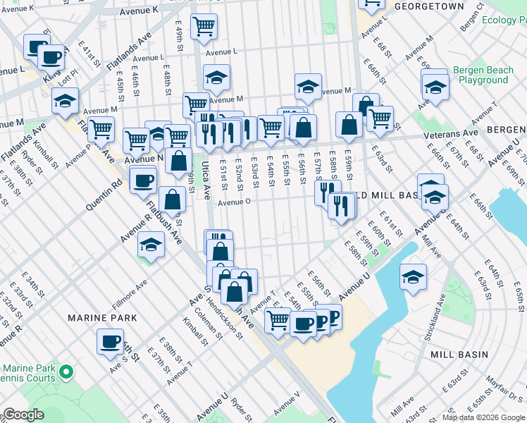 map of restaurants, bars, coffee shops, grocery stores, and more near 5321 Avenue O in Brooklyn