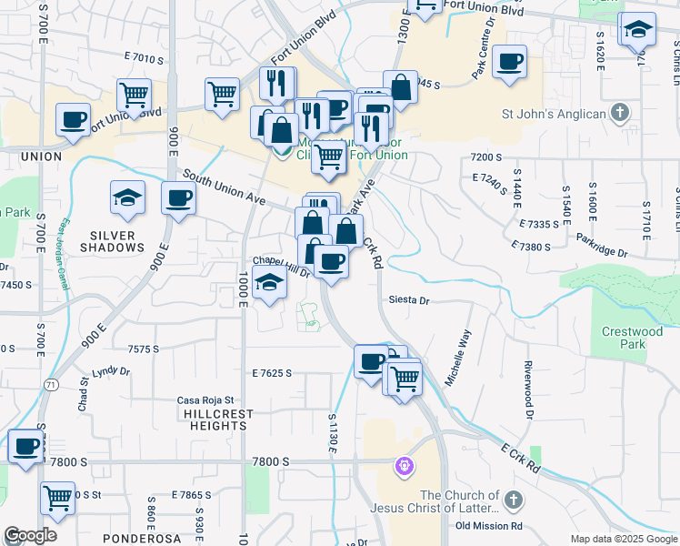 map of restaurants, bars, coffee shops, grocery stores, and more near 7410 Creek Road in Sandy