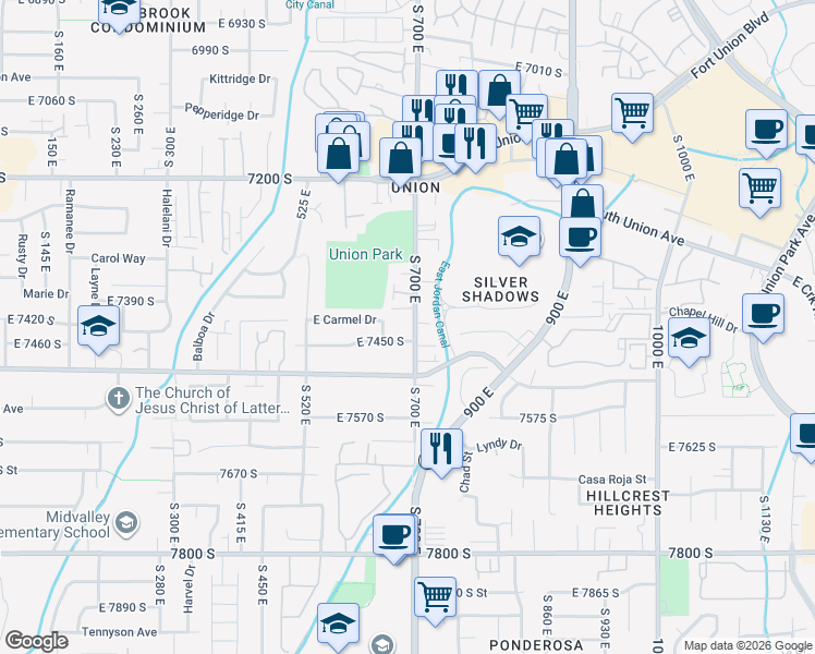 map of restaurants, bars, coffee shops, grocery stores, and more near 671 Union Pines Court in Midvale