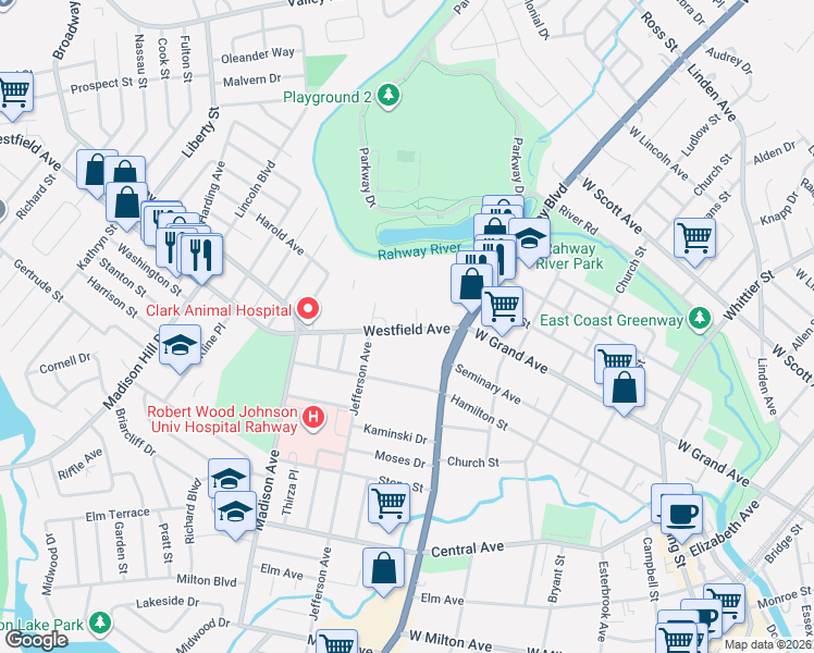 map of restaurants, bars, coffee shops, grocery stores, and more near 1539-41 Jefferson Avenue in Rahway