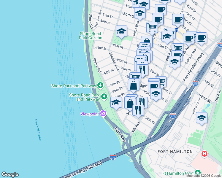 map of restaurants, bars, coffee shops, grocery stores, and more near 9485 Ridge Boulevard in Brooklyn