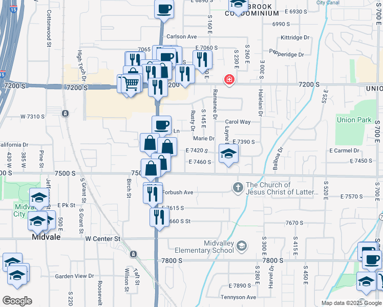 map of restaurants, bars, coffee shops, grocery stores, and more near 112 East 7420 South in Midvale