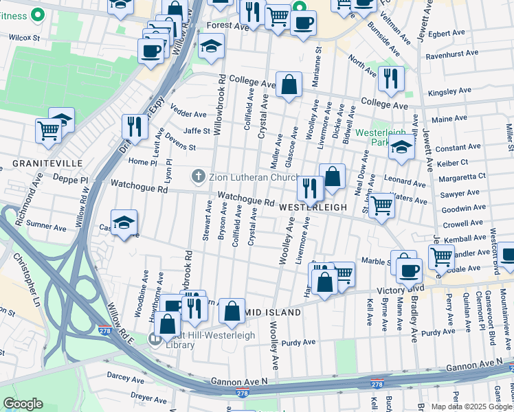 map of restaurants, bars, coffee shops, grocery stores, and more near 271 Crystal Avenue in Staten Island