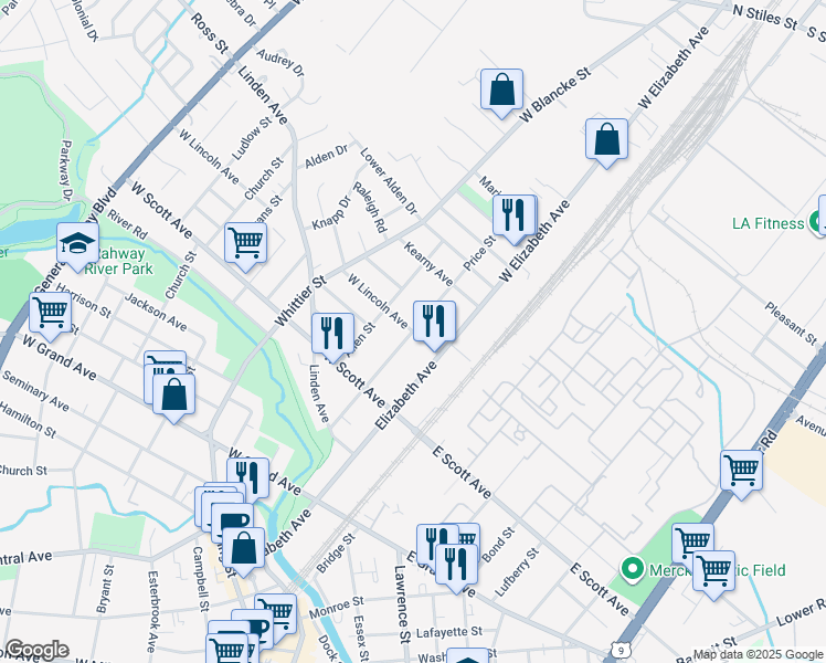 map of restaurants, bars, coffee shops, grocery stores, and more near Price Street in Rahway