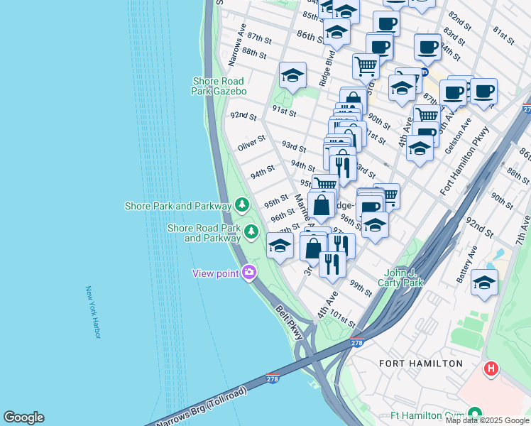 map of restaurants, bars, coffee shops, grocery stores, and more near 9511 Shore Road in Brooklyn