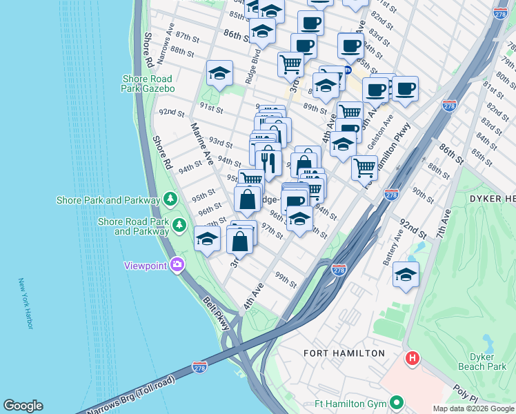 map of restaurants, bars, coffee shops, grocery stores, and more near 302 96th Street in Brooklyn