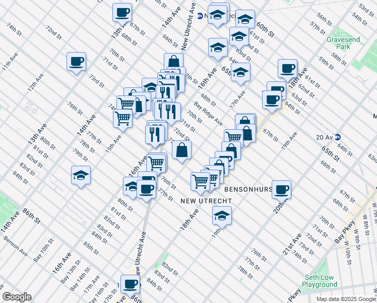 map of restaurants, bars, coffee shops, grocery stores, and more near 1648 72nd Street in Brooklyn
