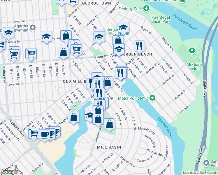 map of restaurants, bars, coffee shops, grocery stores, and more near 2120 East 65th Street in Brooklyn