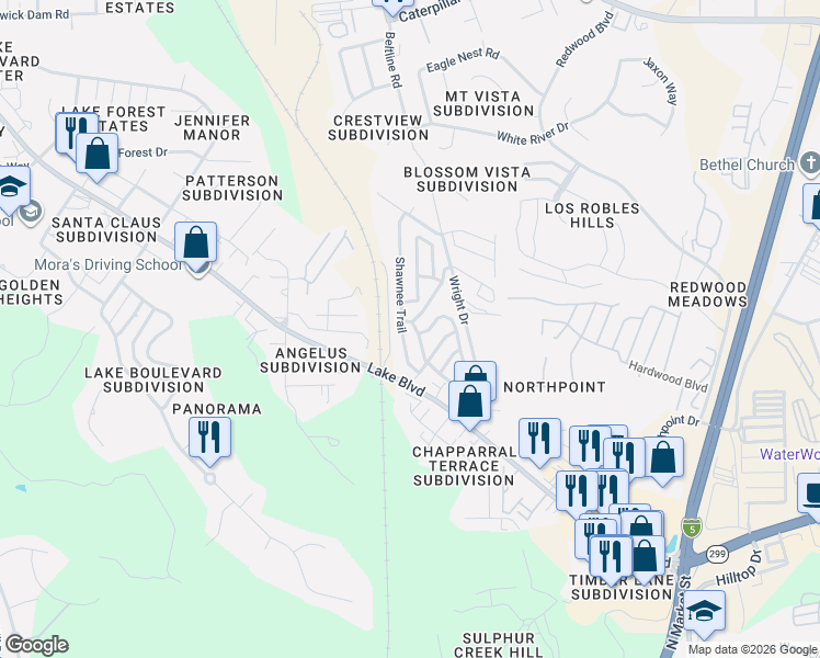 map of restaurants, bars, coffee shops, grocery stores, and more near 1028 Shawnee Trail in Redding