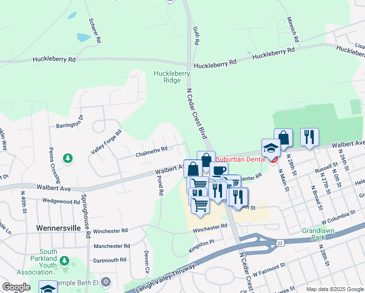 map of restaurants, bars, coffee shops, grocery stores, and more near 1715 Saratoga Court in Allentown