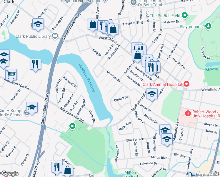 map of restaurants, bars, coffee shops, grocery stores, and more near 22 Charles Street in Clark