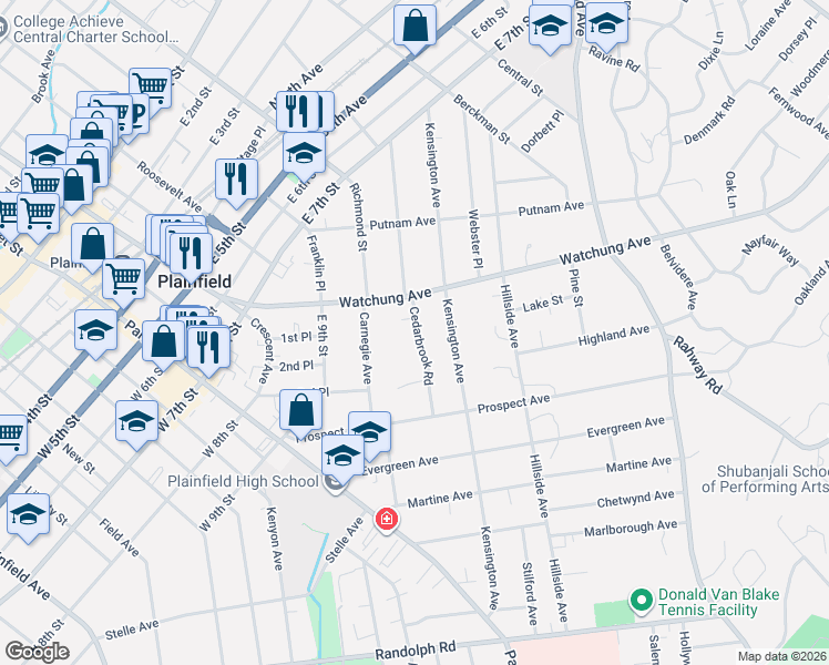 map of restaurants, bars, coffee shops, grocery stores, and more near 920 Cedarbrook Road in Plainfield