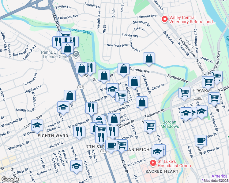 map of restaurants, bars, coffee shops, grocery stores, and more near 907 North 5th Street in Allentown
