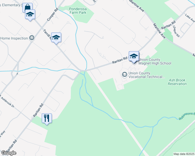 map of restaurants, bars, coffee shops, grocery stores, and more near 1610 Raritan Road in Scotch Plains