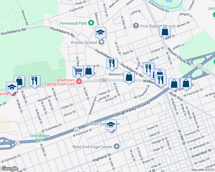 map of restaurants, bars, coffee shops, grocery stores, and more near 2200 Walbert Street in Allentown