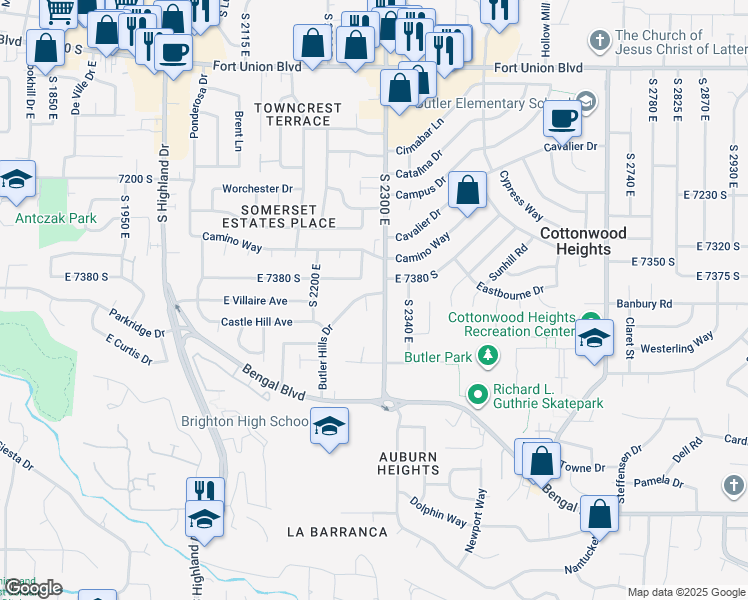 map of restaurants, bars, coffee shops, grocery stores, and more near 7372 South 2300 East in Cottonwood Heights