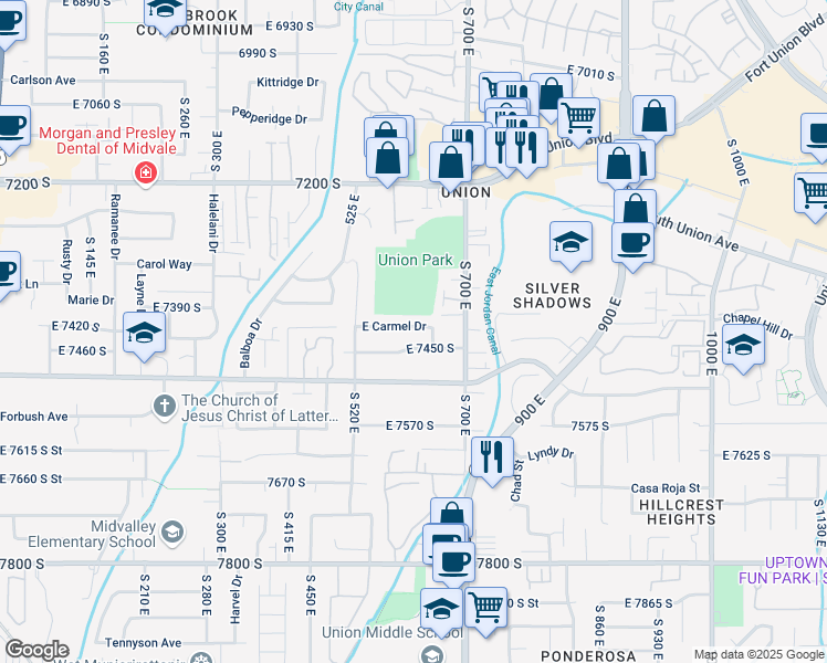 map of restaurants, bars, coffee shops, grocery stores, and more near 601 East 7400 South in Midvale