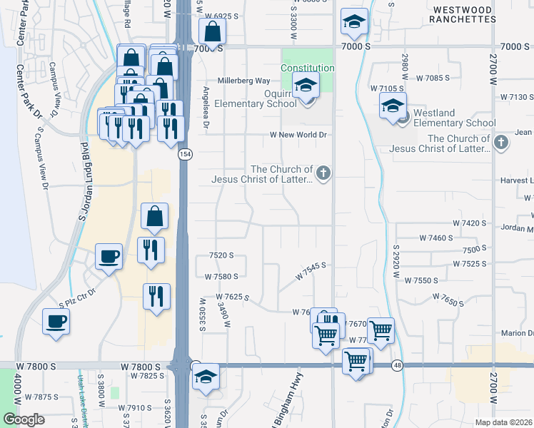 map of restaurants, bars, coffee shops, grocery stores, and more near 3377 West 7370 South in West Jordan