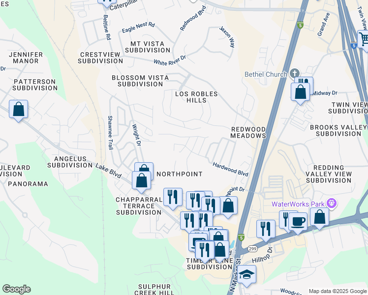 map of restaurants, bars, coffee shops, grocery stores, and more near 4553-4585 Fairywood Drive in Redding