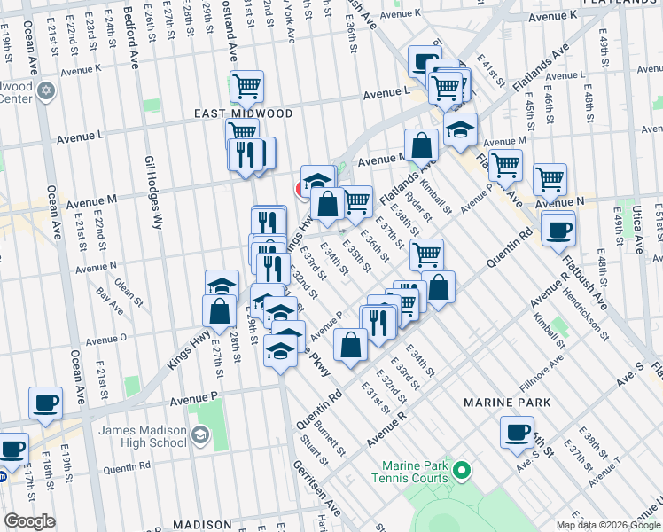 map of restaurants, bars, coffee shops, grocery stores, and more near 1518 East 35th Street in Brooklyn