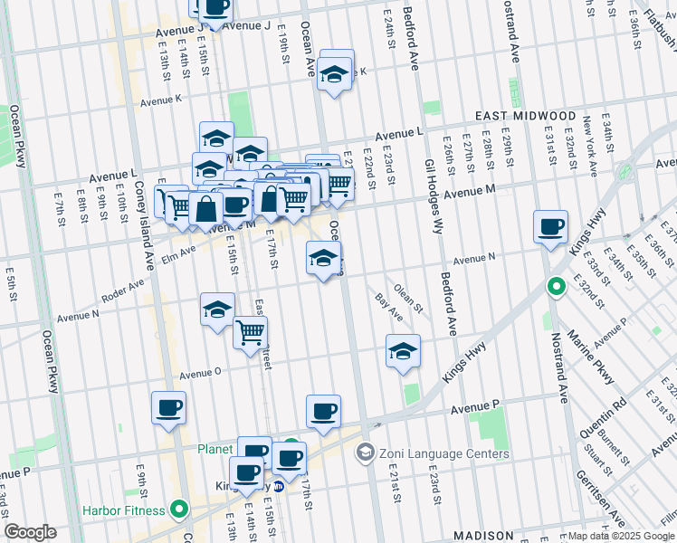 map of restaurants, bars, coffee shops, grocery stores, and more near 1851 Ocean Avenue in Brooklyn