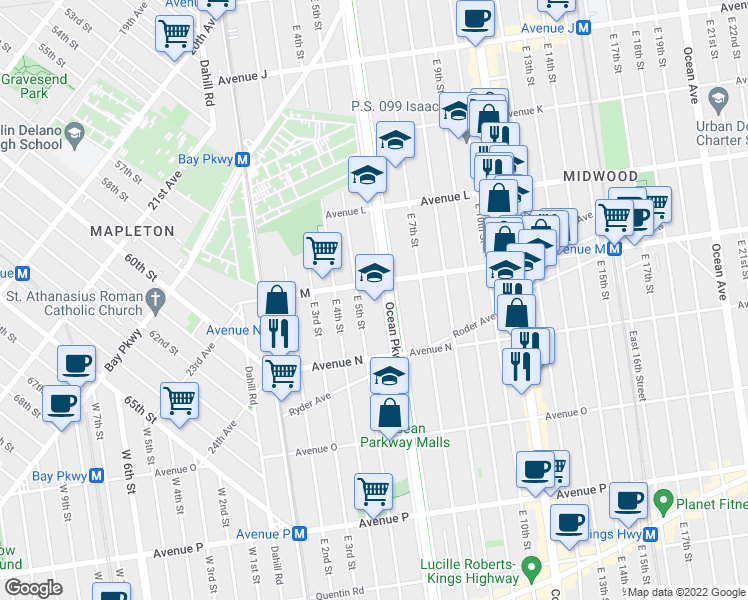 map of restaurants, bars, coffee shops, grocery stores, and more near 1302 Ocean Parkway Service Road in Brooklyn