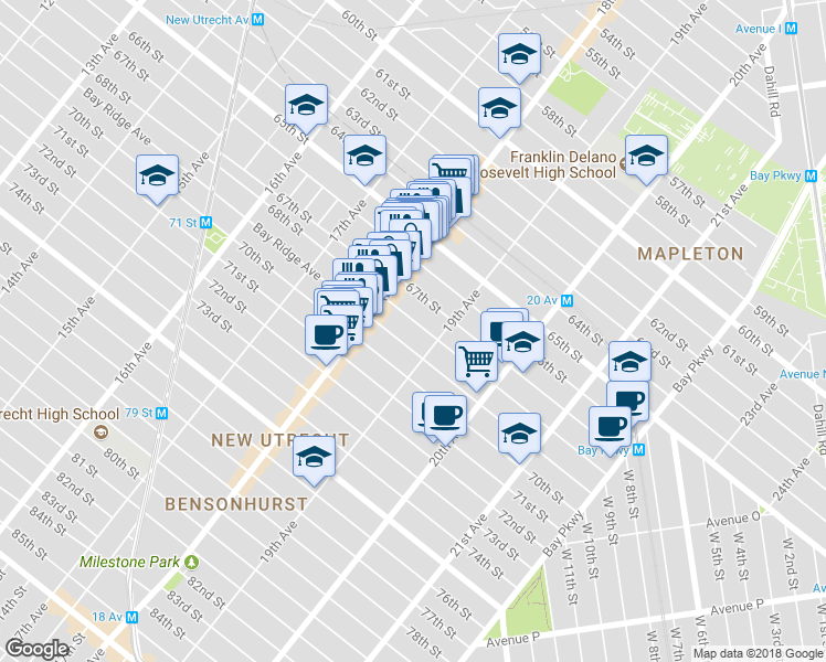 map of restaurants, bars, coffee shops, grocery stores, and more near 1843 68th Street in Brooklyn
