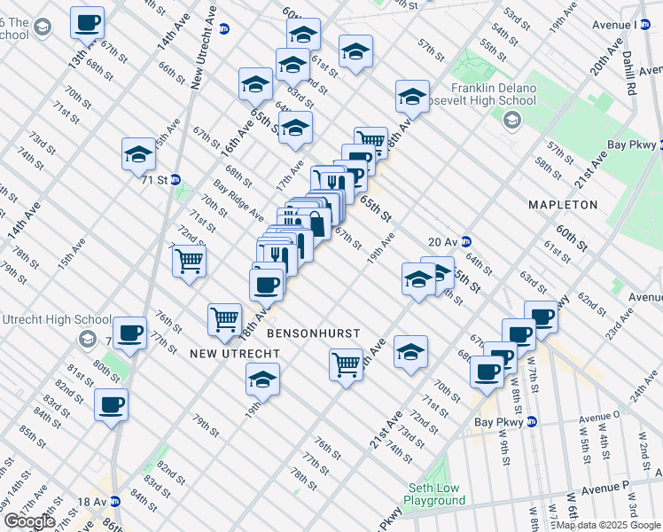 map of restaurants, bars, coffee shops, grocery stores, and more near 6816 18th Avenue in Brooklyn