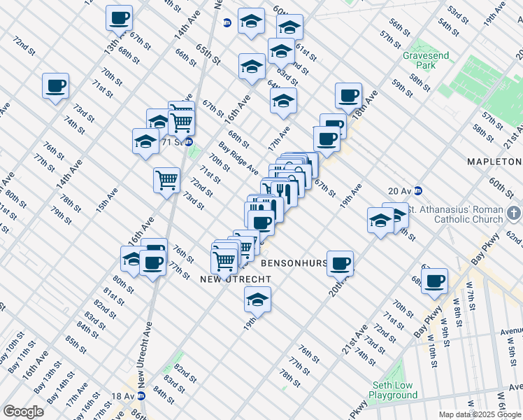 map of restaurants, bars, coffee shops, grocery stores, and more near 1724 70th Street in Brooklyn
