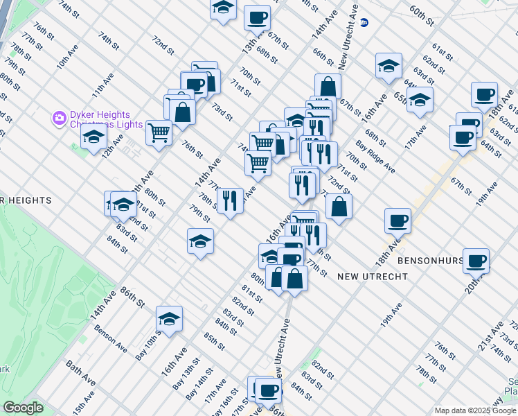 map of restaurants, bars, coffee shops, grocery stores, and more near 1526 Bay Ridge Parkway in Brooklyn