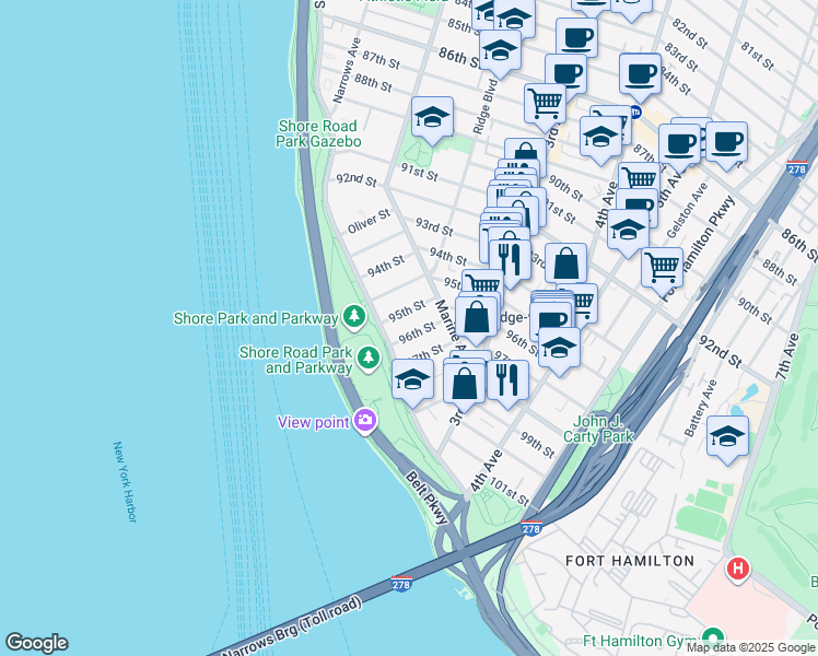 map of restaurants, bars, coffee shops, grocery stores, and more near 143 95th Street in Brooklyn