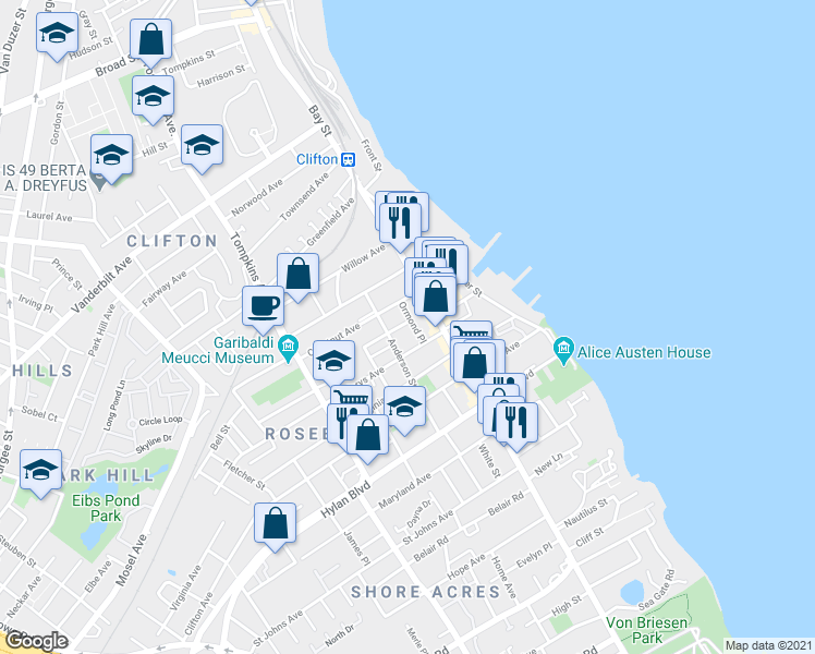map of restaurants, bars, coffee shops, grocery stores, and more near 1070 Bay Street in Staten Island