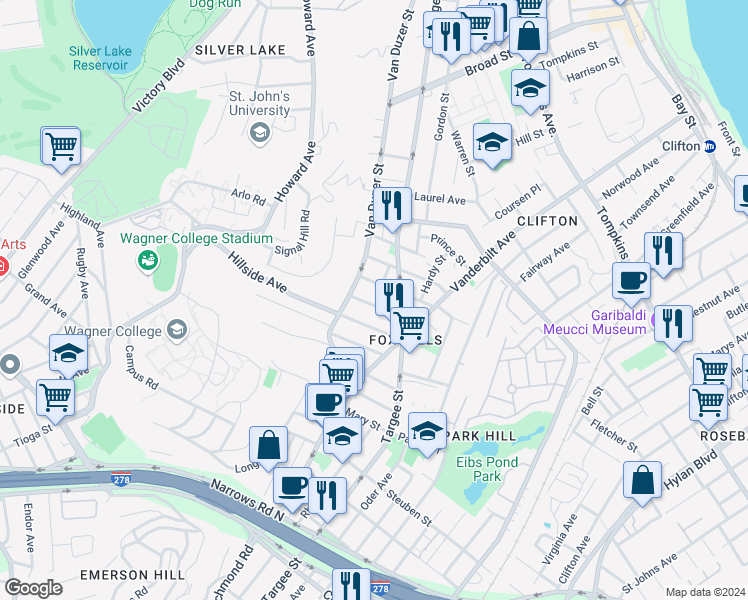 map of restaurants, bars, coffee shops, grocery stores, and more near 913 Van Duzer Street in Staten Island