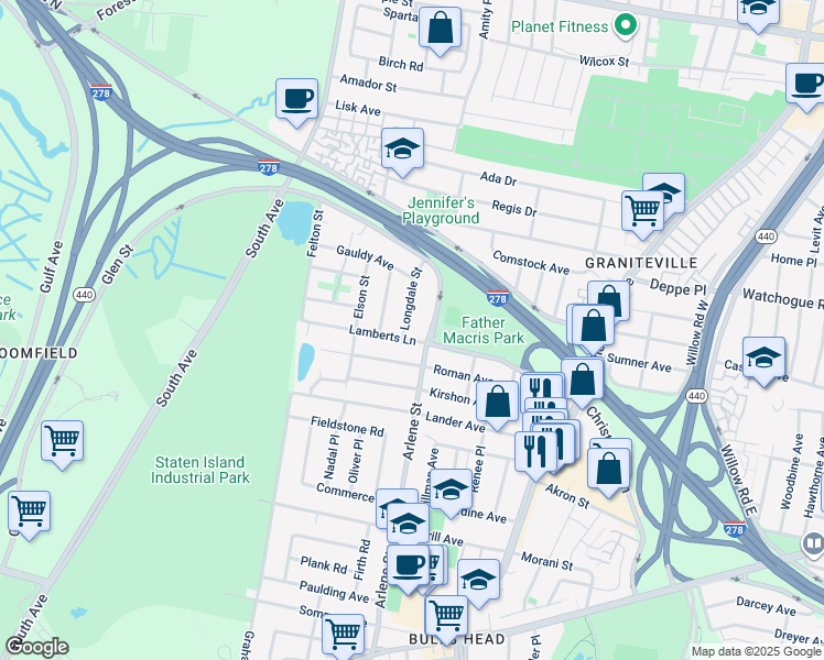 map of restaurants, bars, coffee shops, grocery stores, and more near 60 Longdale Street in Staten Island