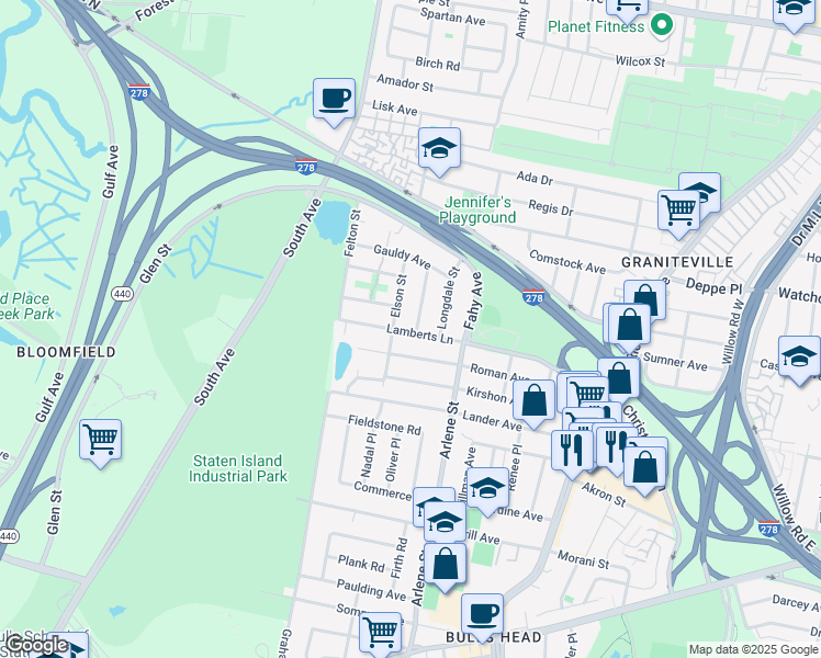 map of restaurants, bars, coffee shops, grocery stores, and more near 65 Elson Street in Staten Island