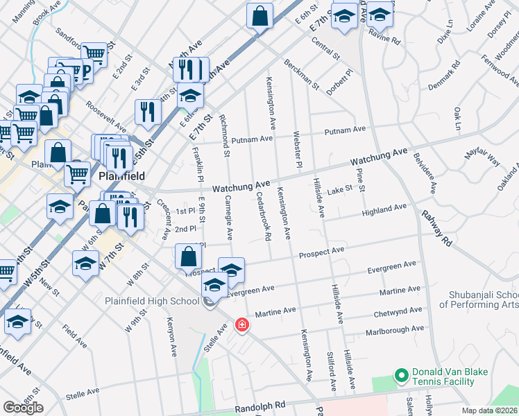 map of restaurants, bars, coffee shops, grocery stores, and more near 920 Cedarbrook Road in Plainfield