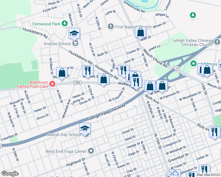 map of restaurants, bars, coffee shops, grocery stores, and more near 2032-2056 Walbert Avenue in Allentown