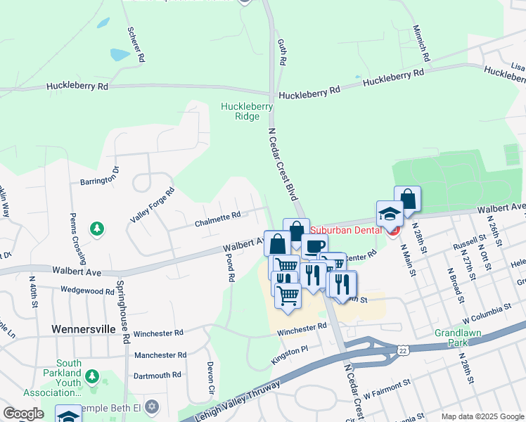 map of restaurants, bars, coffee shops, grocery stores, and more near 1715 Saratoga Court in Allentown