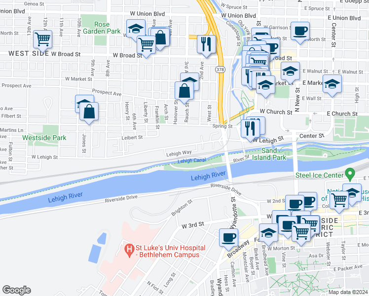 map of restaurants, bars, coffee shops, grocery stores, and more near 343 West Lehigh Street in Bethlehem