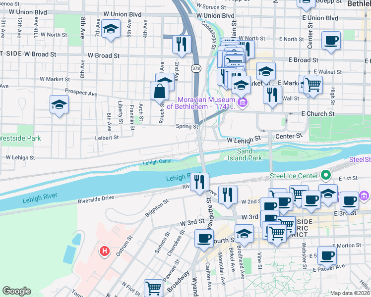 map of restaurants, bars, coffee shops, grocery stores, and more near 208 West Lehigh Street in Bethlehem