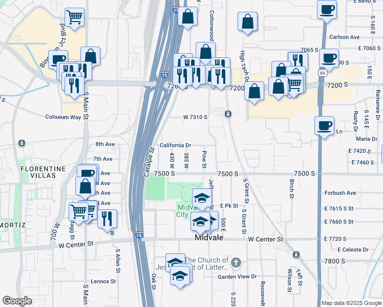 map of restaurants, bars, coffee shops, grocery stores, and more near 7391 385 West in Midvale