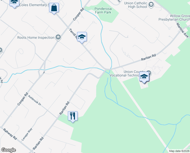 map of restaurants, bars, coffee shops, grocery stores, and more near 1441 Raritan Road in Scotch Plains