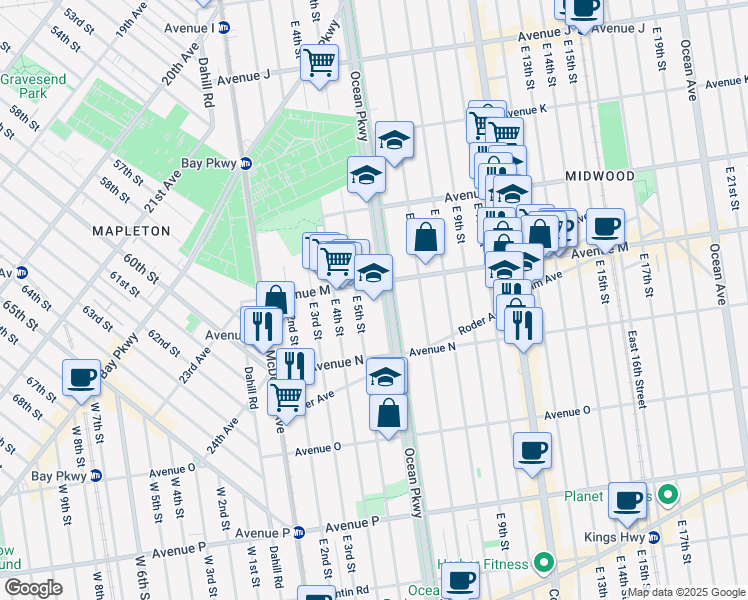 map of restaurants, bars, coffee shops, grocery stores, and more near 1314 Ocean Parkway in Brooklyn