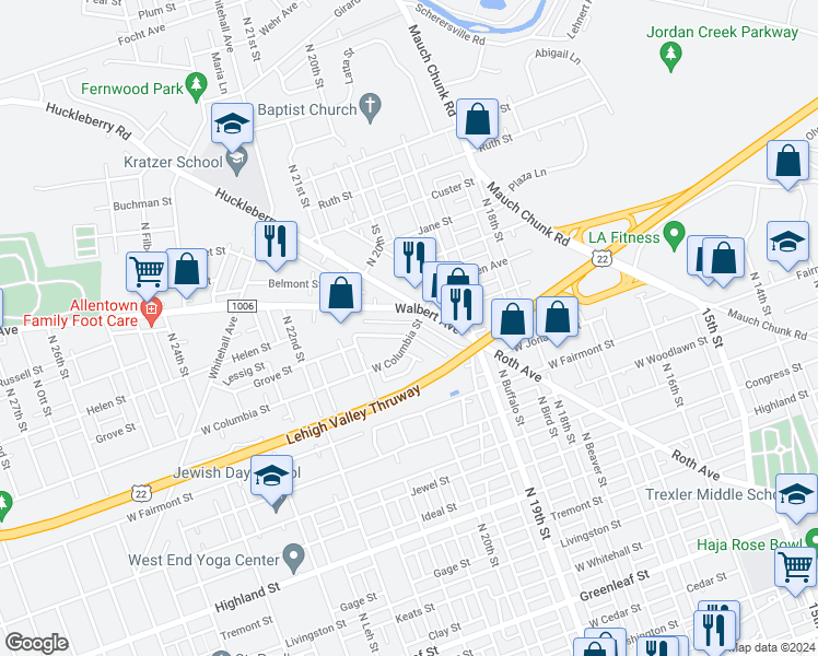 map of restaurants, bars, coffee shops, grocery stores, and more near 1981 West Columbia Street in Allentown