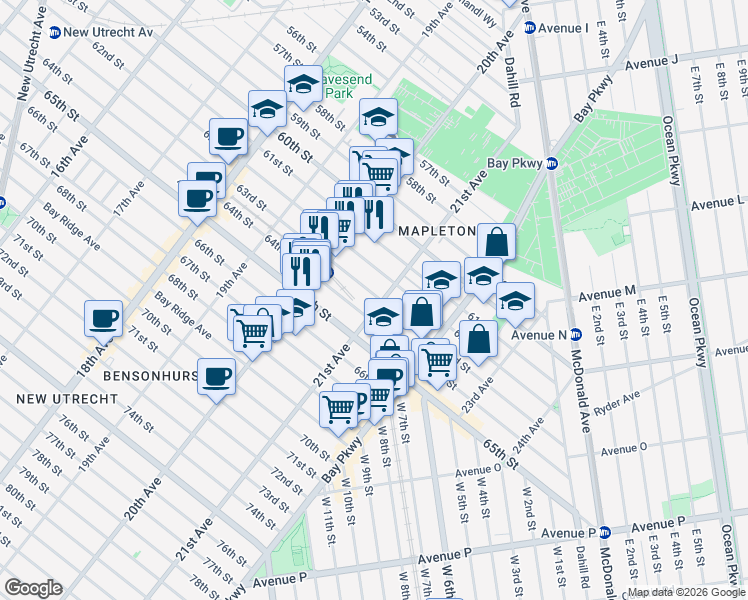 map of restaurants, bars, coffee shops, grocery stores, and more near 6302 21st Avenue in Brooklyn