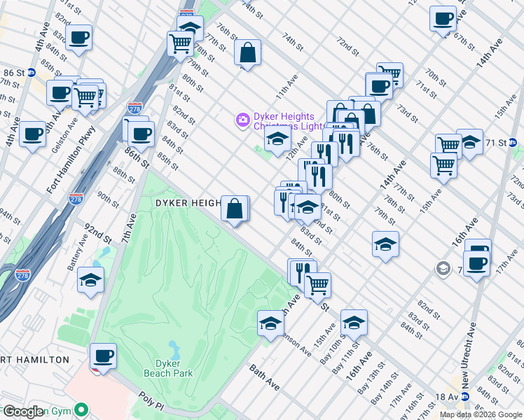 map of restaurants, bars, coffee shops, grocery stores, and more near 8305 12th Avenue in Brooklyn