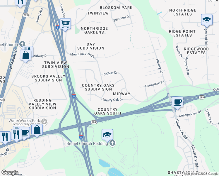 map of restaurants, bars, coffee shops, grocery stores, and more near Metro Way & Ansley Court in Redding