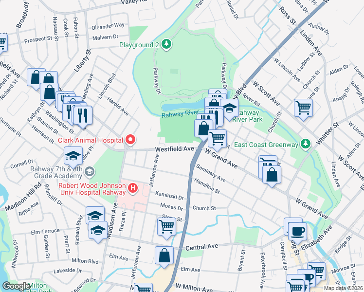 map of restaurants, bars, coffee shops, grocery stores, and more near 879 Westfield Avenue in Rahway
