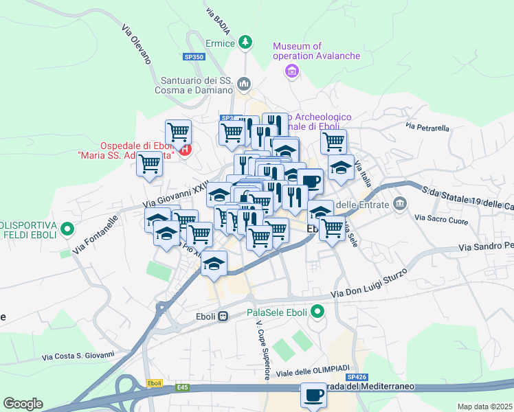 map of restaurants, bars, coffee shops, grocery stores, and more near 54 Viale Giovanni Amendola in Eboli
